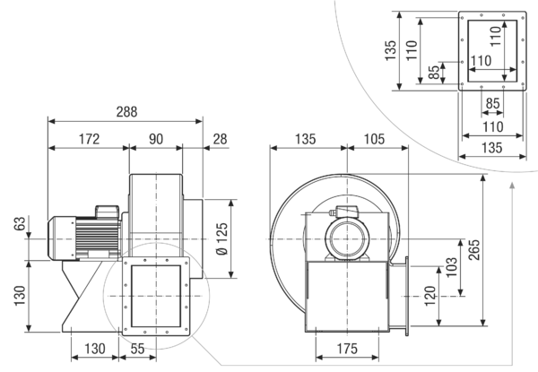 GRK 12/4 D IM0021704.PNG Radiální ventilátor z plastu s pravoúhlým výfukem, velikost 120, třífázový