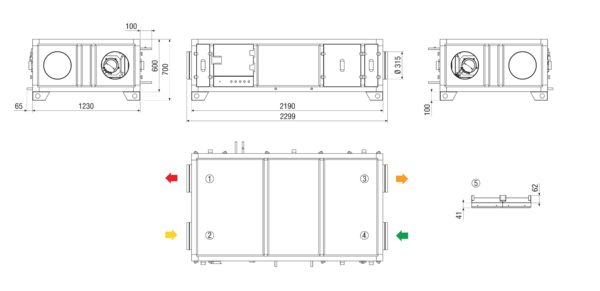 RLT 1200 MV4512HL-PH-EH-Mode 5 IM0022864.PNG Zentrales raumlufttechnisches Kompaktgerät mit Wärmerückgewinnung. Ausführung: Horizontal mit Zu- und Abluftanschluss links, bedarfsgeführter, volumenstromkonstanter Betrieb über CO²-Sensor, mit Kreuz-Gegenstrom-Wärmetauscher, mit Elektro-Vorheizregister, mit Elektro-Nachheizregister, Fördervolumen bis 1200 m³/h