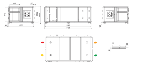 RLT 4000 MV4540HL-EH-Mode 4 IM0022869.PNG Zentrales raumlufttechnisches Kompaktgerät mit Wärmerückgewinnung. Ausführung: Horizontal mit Zu- und Abluftanschluss links, volumenstromkonstanter Betrieb, mit Kreuz-Gegenstrom-Wärmetauscher, ohne Vorheizregister, mit Elektro-Nachheizregister, Fördervolumen bis 4000 m³/h