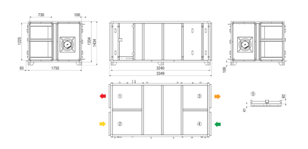 RLT 5500 MV4555HL-PH-Mode 3 IM0022870.PNG Zentrales raumlufttechnisches Kompaktgerät mit Wärmerückgewinnung. Ausführung: Horizontal mit Zu- und Abluftanschluss links, druckkonstanter Betrieb, mit Kreuz-Gegenstrom-Wärmetauscher, mit Elektro-Vorheizregister, ohne Nachheizregister, Fördervolumen bis 5500 m³/h