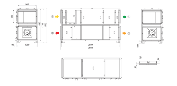 RLT 4000 MV4540VL-PH-EH-Mode 5 IM0022875.PNG Zentrales raumlufttechnisches Kompaktgerät mit Wärmerückgewinnung. Ausführung: Vertikal mit Zu- und Abluftanschluss links, bedarfsgeführter, volumenstromkonstanter Betrieb über CO²-Sensor, mit Kreuz-Gegenstrom-Wärmetauscher, mit Elektro-Vorheizregister, mit Elektro-Nachheizregister, Fördervolumen bis 4000 m³/h