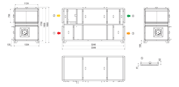 RLT 5500 MV4555VL-PH-EH-Mode 5 IM0022876.PNG Zentrales raumlufttechnisches Kompaktgerät mit Wärmerückgewinnung. Ausführung: Vertikal mit Zu- und Abluftanschluss links, bedarfsgeführter, volumenstromkonstanter Betrieb über CO²-Sensor, mit Kreuz-Gegenstrom-Wärmetauscher, mit Elektro-Vorheizregister, mit Elektro-Nachheizregister, Fördervolumen bis 5500 m³/h