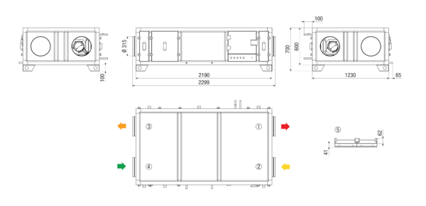 RLT 1200 MV4512HR-WH-Mode 5 IM0022887.PNG Zentrales raumlufttechnisches Kompaktgerät mit Wärmerückgewinnung. Ausführung: Horizontal mit Zu- und Abluftanschluss rechts, bedarfsgeführter, volumenstromkonstanter Betrieb über CO²-Sensor, mit Kreuz-Gegenstrom-Wärmetauscher, ohne Vorheizregister, mit Pumpenwarmwasserregister, Fördervolumen bis 1200 m³/h