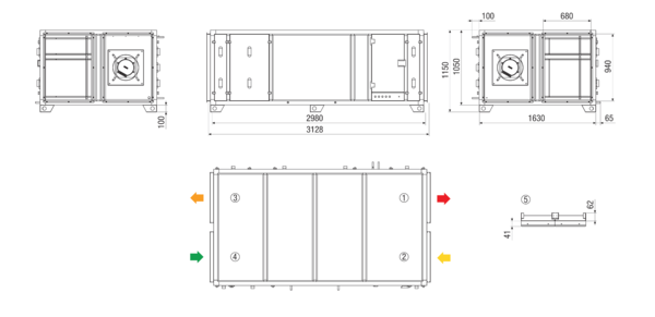 RLT 4000 MV4540HR-EH-Mode 3 IM0022890.PNG Zentrales raumlufttechnisches Kompaktgerät mit Wärmerückgewinnung. Ausführung: Horizontal mit Zu- und Abluftanschluss rechts, druckkonstanter Betrieb, mit Kreuz-Gegenstrom-Wärmetauscher, ohne Vorheizregister, mit Elektro-Nachheizregister, Fördervolumen bis 4000 m³/h