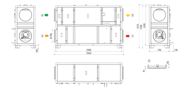 RLT 2300 MV4523VR-Mode 5 IM0022897.PNG Zentrales raumlufttechnisches Kompaktgerät mit Wärmerückgewinnung. Ausführung: Vertikal mit Zu- und Abluftanschluss rechts, bedarfsgeführter, volumenstromkonstanter Betrieb über CO²-Sensor, mit Kreuz-Gegenstrom-Wärmetauscher, ohne Vorheizregister, ohne Nachheizregister Fördervolumen bis 2300 m³/h