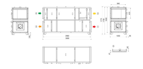 RLT 4000 MV4540VR-Mode 3 IM0022898.PNG Zentrales raumlufttechnisches Kompaktgerät mit Wärmerückgewinnung. Ausführung: Vertikal mit Zu- und Abluftanschluss rechts, druckkonstanter Betrieb, mit Kreuz-Gegenstrom-Wärmetauscher, ohne Vorheizregister, ohne Nachheizregister Fördervolumen bis 4000 m³/h