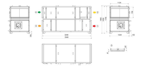 RLT 5500 MV4555VR-WH-Mode 5 IM0022899.PNG Zentrales raumlufttechnisches Kompaktgerät mit Wärmerückgewinnung. Ausführung: Vertikal mit Zu- und Abluftanschluss rechts, bedarfsgeführter, volumenstromkonstanter Betrieb über CO²-Sensor, mit Kreuz-Gegenstrom-Wärmetauscher, ohne Vorheizregister, mit Pumpenwarmwasserregister, Fördervolumen bis 5500 m³/h