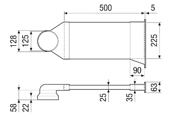 ALD 125 LE IM0023114.PNG Laibungselement ALD 125 LE ist die passende Ergänzung zur Rohbauhülse RH 125. Bestehend aus: 1x Winkelstück mit rundem Anschluss DN 125 1x Flachkanal B/H/L: 225/ 25 / 500 mm, 1x Außengitter aus Edelstahl B/H: 63 / 281 mm