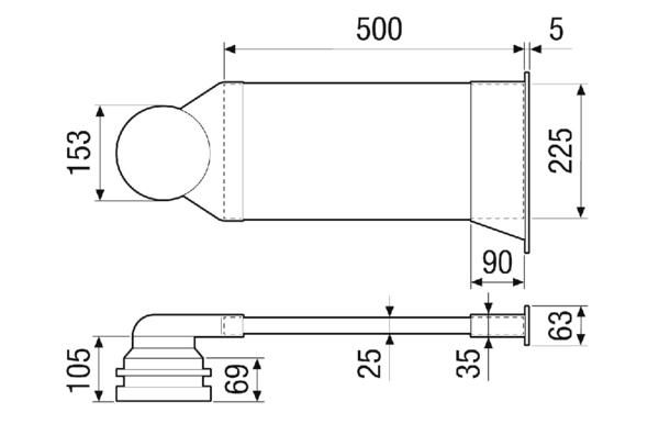 ALD 160 LE IM0023120.PNG Laibungselement ALD 160 LE ist die passende Ergänzung zur Rohbauhülse RH 160. Bestehend aus: 1x Winkelstück mit rundem Anschluss DN 150 1x Flachkanal B/H/L: 225 / 25 / 500 mm, 1x Außengitter aus Edelstahl B/H: 63 / 281 mm