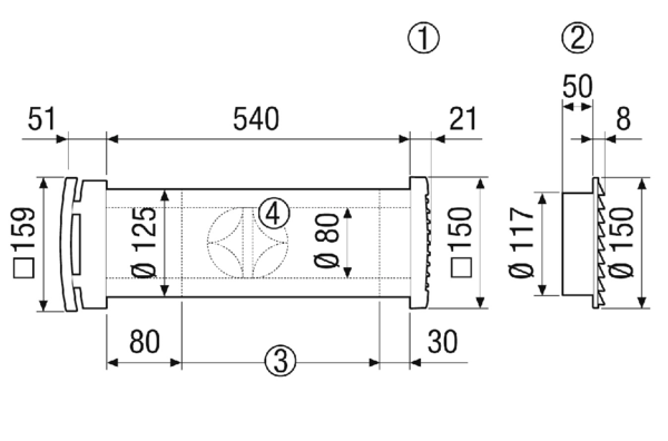 ALD 125 A IM0023149.PNG Ausbau-Set für schallgedämmter Außenluftdurchlass DN 125 zur dezentralen Wohnungsbelüftung mit manuellem Verschluss