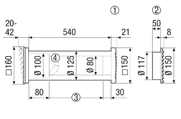 ALD 125 ZLV 80 dB A-Set IM0023150.PNG Ausbau-Set (A-Set) ergänzt die vormontierte Rohbauhülse RH 125 und besteht aus der raumseitigen Innenblende im diskreten Design mit Standardfilter und dem Schalldämmrohr