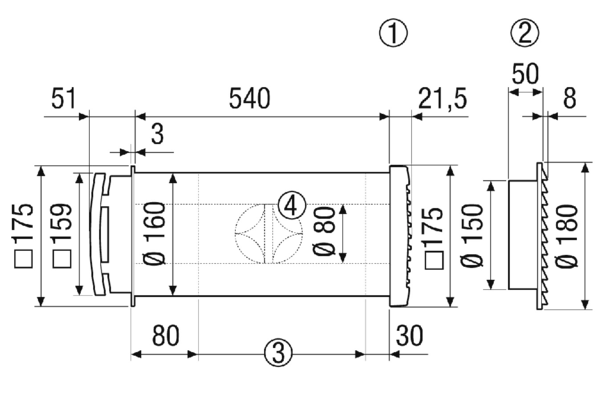 ALD 160 A IM0023152.PNG Ausbau-Set für schallgedämmter Außenluftdurchlass DN 160 zur dezentralen Wohnungsbelüftung mit manuellem Verschluss