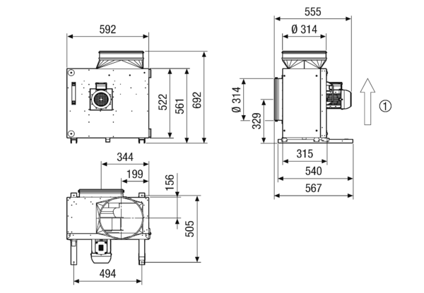 EKR 31-3 IM0023318.PNG Schallgedämmte Abluftbox, DN 315, Drehstrom