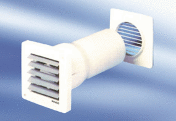 ECA 10-5 VZ IM0009494.PNG Fali ventilátor fürdőszobába és WC-be, fali hüvellyel, valamint fix külső ráccsal és elektromos működtetésű belső zsaluval, modell késleltető kapcsolóval