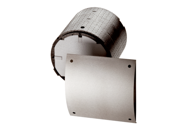 WRG 35-SR IM0011148.PNG Sada pro hrubou stavbu se skládá ze stěnové trubky (3-dílné), 2 omítkových krytů, výztužného kříže s narážkou pro vodováhu a venkovního nerezového krytu s vrtací šablonou pro lokální ventilační přístroj WRG 35 s rekuperací tepla, jm. velikost 350 mm, délka 346 mm