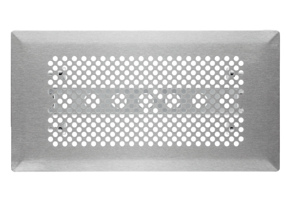 FFS-FGR IM0014762.PNG Hard-wearing designer floor grille, suitable for the FFS-BA floor outlet. The floor grille made of brushed stainless steel has a modern design with a circular pattern of holes. The mounting frame allows it to be lined up with the surrounding floor covering. It is held in place with clamping pins. Width x height x depth: approx. 340 x 180 x 28 mm, scope of delivery: 1 floor grille, 1 holder, 1 sealing strip