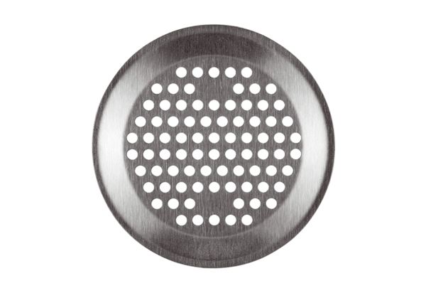 FFS-WGB IM0014772.PNG Designer wall/ceiling grille, suitable for the FFS-WA wall/ceiling outlet. The grille made of brushed stainless steel has a modern design with a circular pattern of holes. It is held in place with clamps, diameter: 150 mm, height: 38 mm, scope of delivery: 1 wall/ceiling grille, 1 regenerable filter
