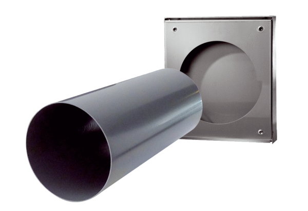 PP 60 KA-SRL IM0015372.PNG Komplet za grubu gradnju koji se sastoji od vanjskog poklopca od plemenitog čelika, zidnog odvojka ekstra dugačkog (700 mm) i nadžbuknih zaštitnih obloga za ventilacijski uređaj u jednoj prostoriji PushPull 60 K s rekuperacijom topline