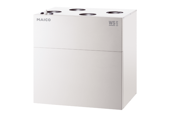 WS 470 BR IM0015769.PNG Centralised, highly-efficient ventilation units with EC fans and constant volumetric flow regulation, including cross-counterflow exchanger, supply and exhaust air on right, volumetric flow 80 - 470 m³/h, connection diameter 4 x DN 160, 4 x SVR 160 plug connectors or 90° B90-160 elbow needed to connect folded spiral-seams ducts (order as accessories), including RLS 1 WR control unit, including integrated web server and MAICO app (air@home) for mobile unit control, live reports via web tool, DIBT approval applied for and passive house certificate, KNX and EnOcean connection possible
