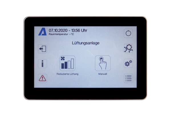 RLS T1 SYS IM0019637.PNG Raumluftsteuerung als Touch-Bedienteil passend zu geniovent.x-Geräten. Mehrgerätefähig bis 10 geniovent.x - Geräte