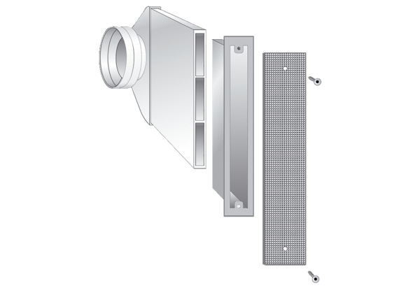 ALD 160 LE IM0023054.PNG Laibungselement ALD 160 LE ist die passende Ergänzung zur Rohbauhülse RH 160. Bestehend aus: 1x Winkelstück mit rundem Anschluss DN 150 1x Flachkanal B/H/L: 225 / 25 / 500 mm, 1x Außengitter aus Edelstahl B/H: 63 / 281 mm